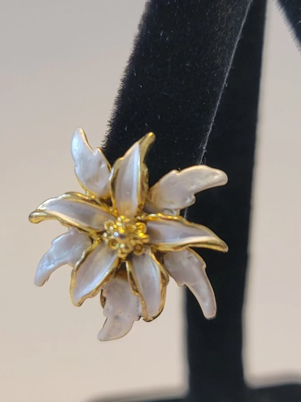 Vintage Clip On Earrings Gold Tone with White Enamel Edelweiss Blossom Motif
